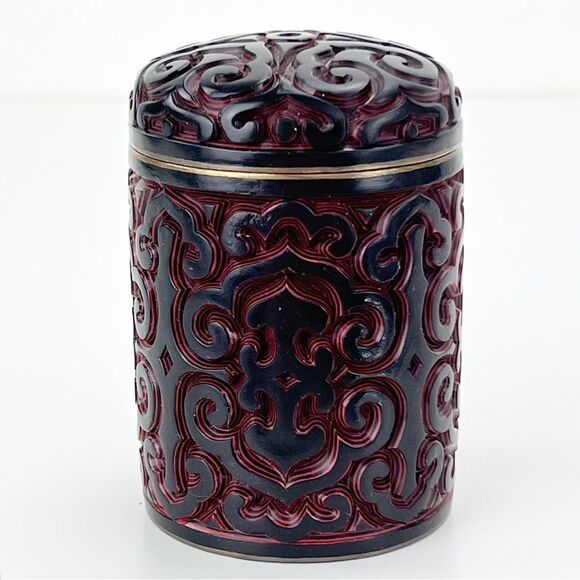 Antique Chinese Hand Carved Cinnabar Canister Jar Box Black and Red Blue Inside - Picture 2 of 14